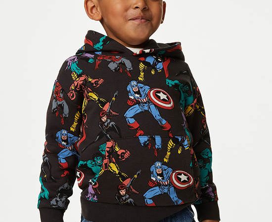 MARKS & SPENCER KIDS Boy Toddler Hoodie Cotton Rich Marvel Charcoal Mix