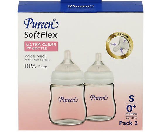 PUREEN Baby Bottle Wide Neck Soft Flex Ultra Clear 4 Oz. x 2 Pcs