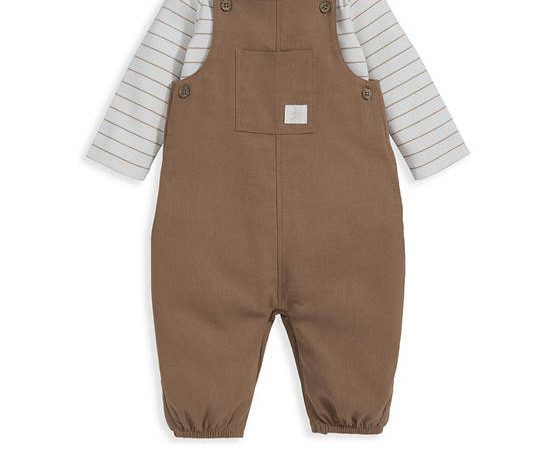 MAMAS & PAPAS Boy Infant Stripe Bodysuit & Dungarees Outfit Set Toffee Brown