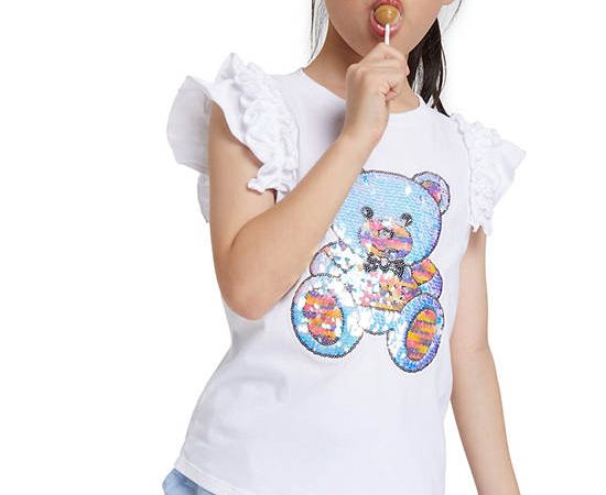 FOF KIDS Girl T-Shirt Bear-Patterned Sleeves White