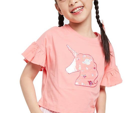 FOF KIDS Girl T-Shirt Ruffle Sleeves Unicorn Print Pink