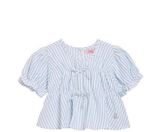 FOF KIDS Girl Blouse Puff Sleeves Crew Neck Stripe Light Blue