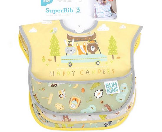 BUMKINS Unisex Infant Super Bibs 6-24 Months Happy Campers Pack 3 Pcs. Multi-Color