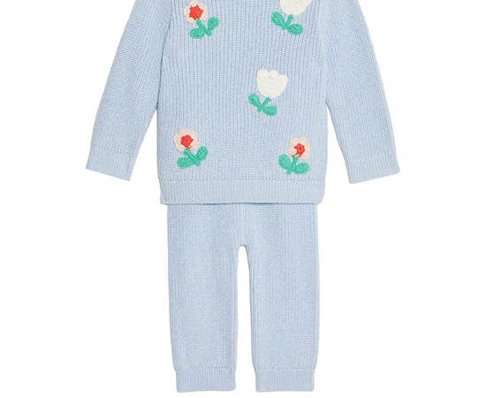 MARKS & SPENCER KIDS Girl Toddler Outfit Pure Cotton Knitted Floral 2 Pc Blue