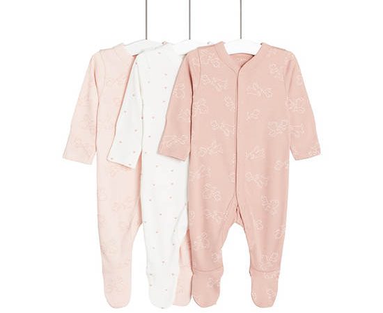 MARKS & SPENCER KIDS Girl Toddler Sleepsuits Pure Cotton Bunny & Heart 3 Pk Pink Mix