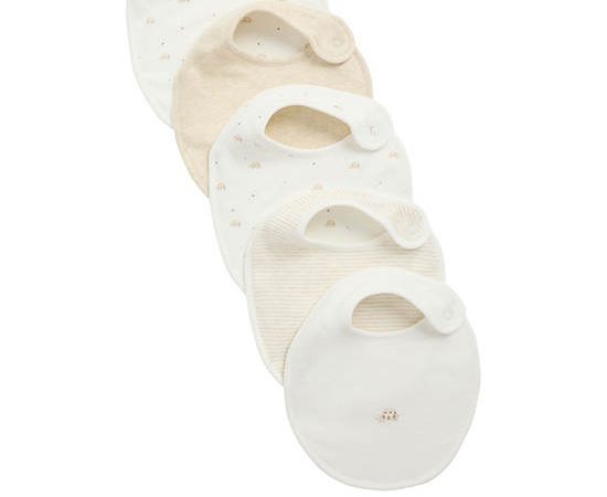 MARKS & SPENCER KIDS Unisex Toddler Bibs Pure Cotton Printed 5 Pk Ivory