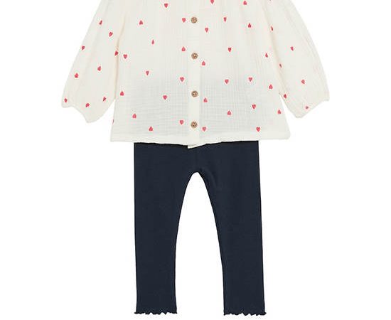 MARKS & SPENCER KIDS Girl Toddler Outfit Cotton Rich Heart Embroidered 2 Pc Ivory Mix