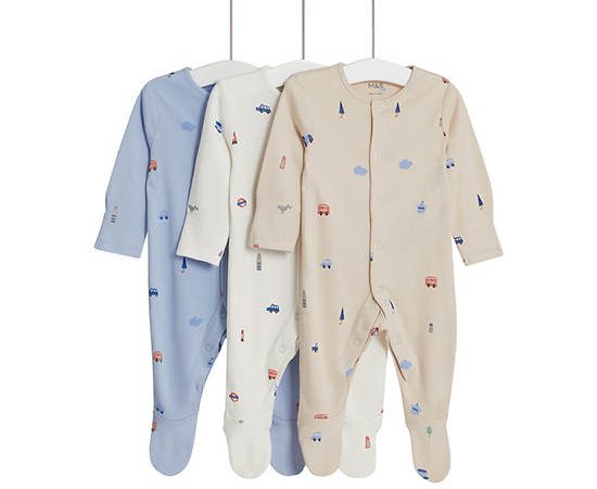 MARKS & SPENCER KIDS Unisex Toddler Sleepsuits Pure Cotton London 3 Pk Ecru Mix