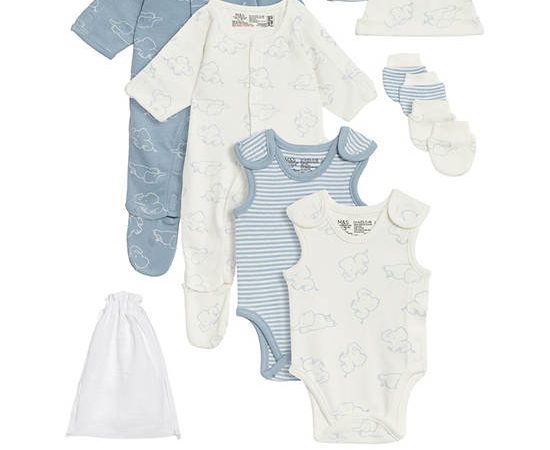 MARKS & SPENCER KIDS Unisex Toddler Starter Set Pure Cotton Premature Elephant 8 Pc Blue Mix