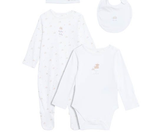 MARKS & SPENCER KIDS Unisex Toddler Starter Set Pure Cotton Born in 2025 4 Pc White Mix