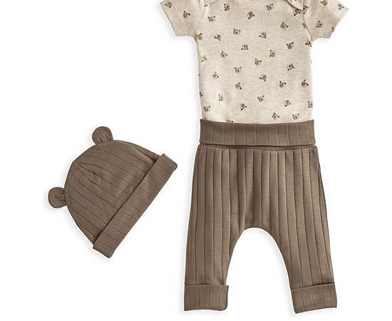 MAMAS & PAPAS Unisex Toddler Set Bodysuit Short Sleeves + Leggings + Hat Teddy Bear 3 Pcs Brown