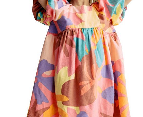 MARKS & SPENCER KIDS Girl Toddler Midi Dress Linen Rich Printed Puff Sleeve Woven Multi-Color