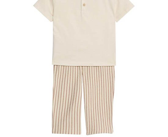 MARKS & SPENCER KIDS Boy Toddler Top & Bottom Outfit Pure Cotton Striped 2 pcs Ivory Mix