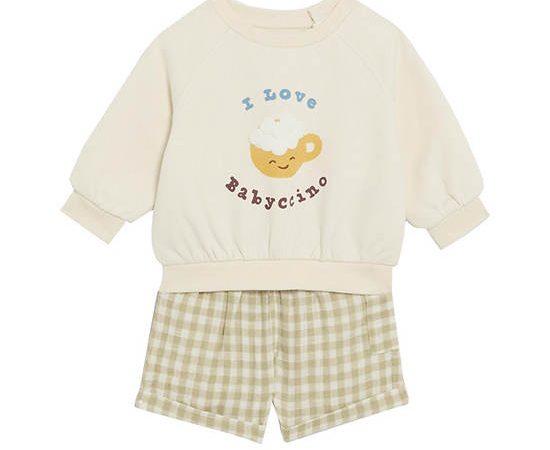 MARKS & SPENCER KIDS Girl Toddler Outfit Cotton Rich Babyccino 2 pcs Neutral