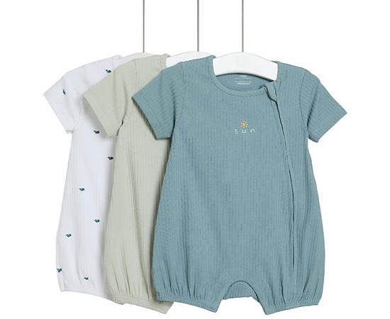 MARKS & SPENCER KIDS Boy Toddler Rompers Cotton Rich 3 Pack Blue Mix