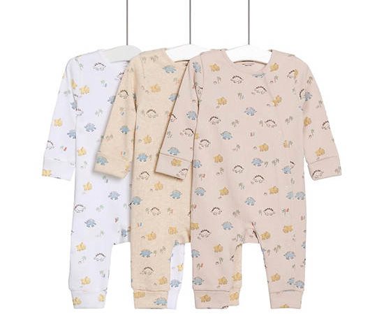 MARKS & SPENCER KIDS Boy Toddler Sleepsuits Pure Cotton Dinosaur 3 Pack Calico Mix