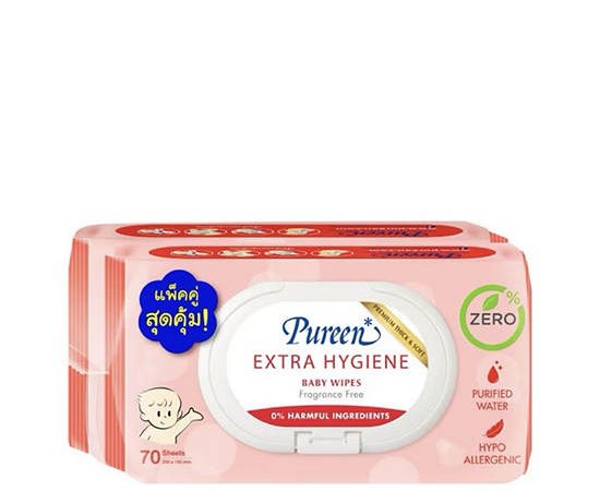 PUREEN Baby Wipes Extra Hygiene 70 pcs Pack 2 Pink