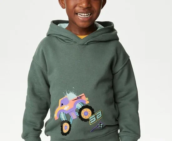 MARKS & SPENCER KIDS Boy Toddler Hoodie Cotton Rich Monster Truck Dark Sage