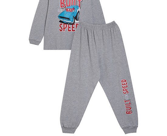 ANGEL KIDS Boy Pyjamas Set Long Sleeves Cuffs T-shirt + Cuffed Pants Build Speed Print Grey