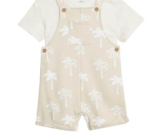 MARKS & SPENCER KIDS Boy Toddler Bibshort Cotton Rich Palm Print 2 pcs Ecru